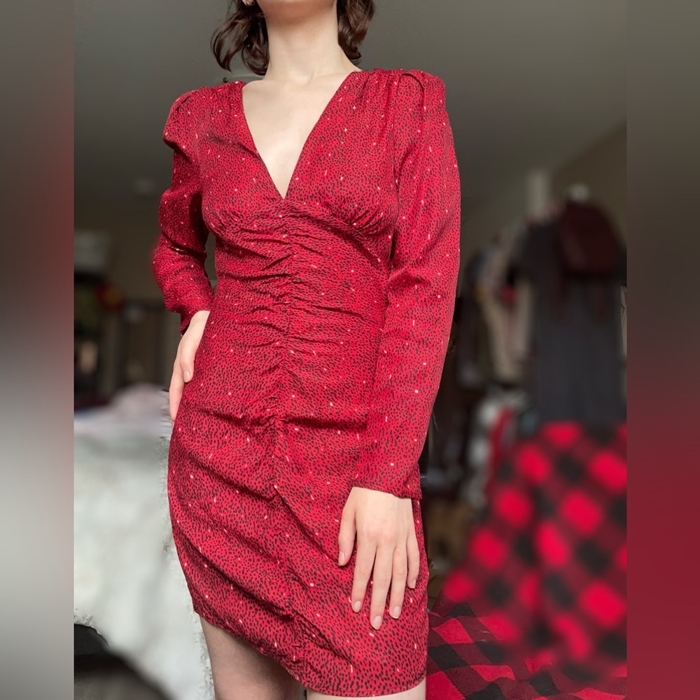 Zara Red V-Neck Ruched Mini Dress